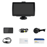7" GPS-scherm – EU-navigatie, FM-radio en media-afspelen met accessoires, waaronder kabel en houder.