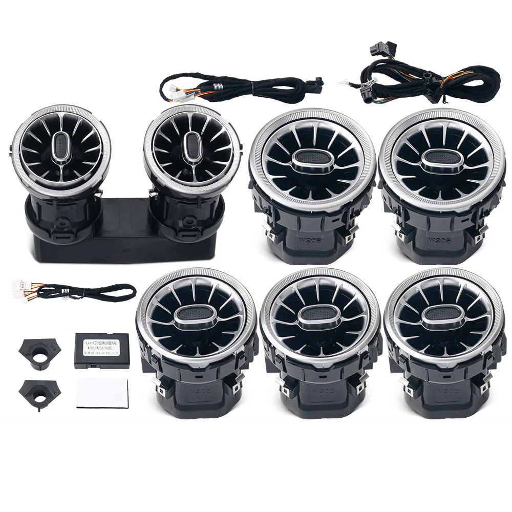 Éclairage d’ambiance pour buses d’aération – Mercedes A/CLA/C/E/GLC 15-25 kit avec buses d’aération et raccordement par câble.
