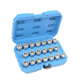Coffret de clés pour écrous antivol – 20 pièces (50-69) pour le démontage des boulons de roue, livré dans une boîte bleue avec différentes clés.