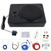 Caisson de basses actif extra-plat 10” pour voiture – 600W sous siège, avec design compact et accessoires d’installation.