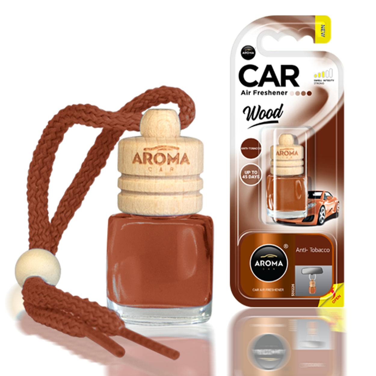 Désodorisant voiture Aroma Wood Antitabacco avec flacon en verre et bouchon en bois