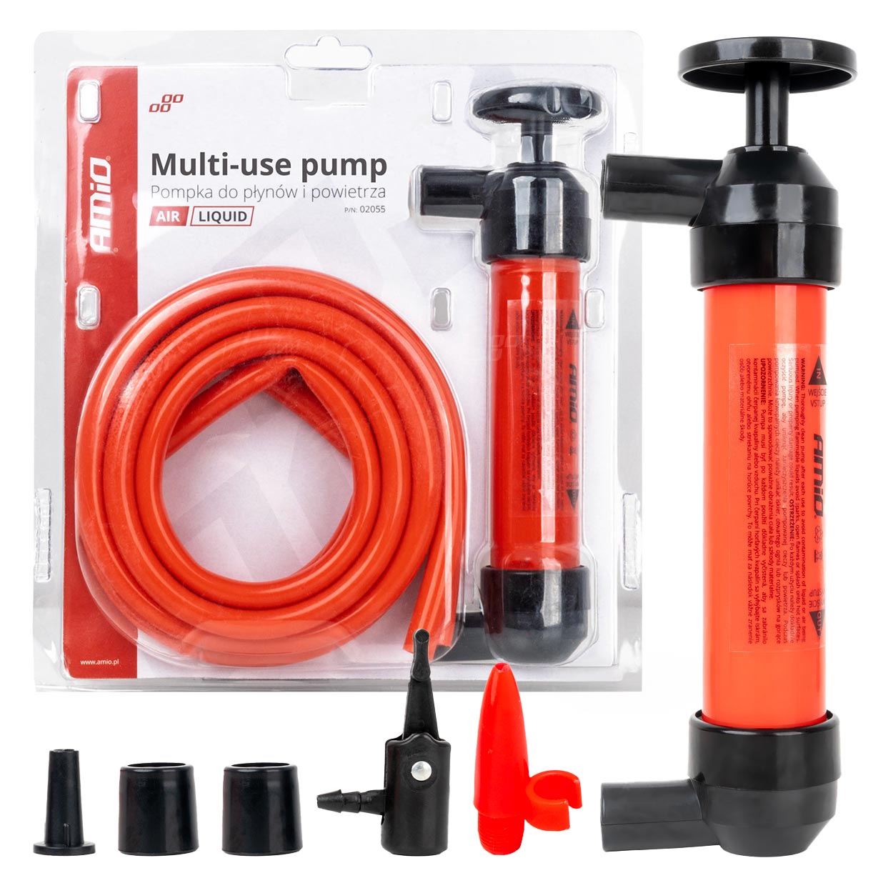 Pompe manuelle 3-en-1 pour air et liquides en noir et rouge