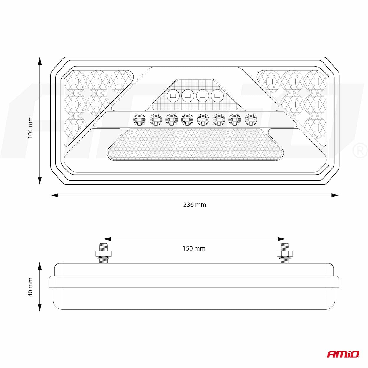 LED bagkombinationslygte med mål på 236 x 104 x 40 mm