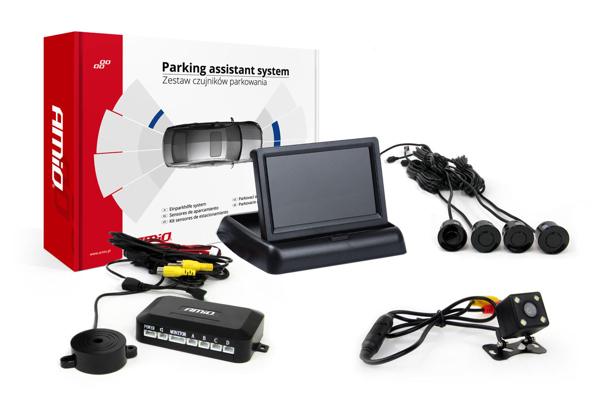 Parkeringsassistentsystem med 4,3 tommer display, kamera og sensorer