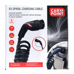 Câble de recharge spiralé Carpoint pour voiture électrique Type 2 vers Type 2, 32 A, triphasé, 6 mètres 