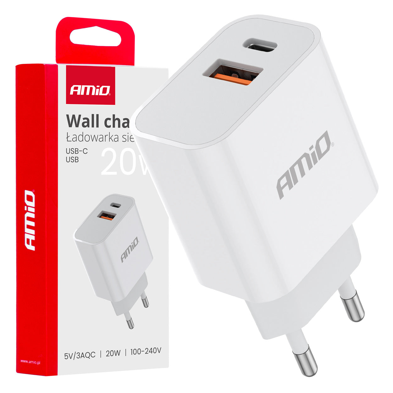 Hvid vægoplader med USB-C og USB-A til 20W opladning