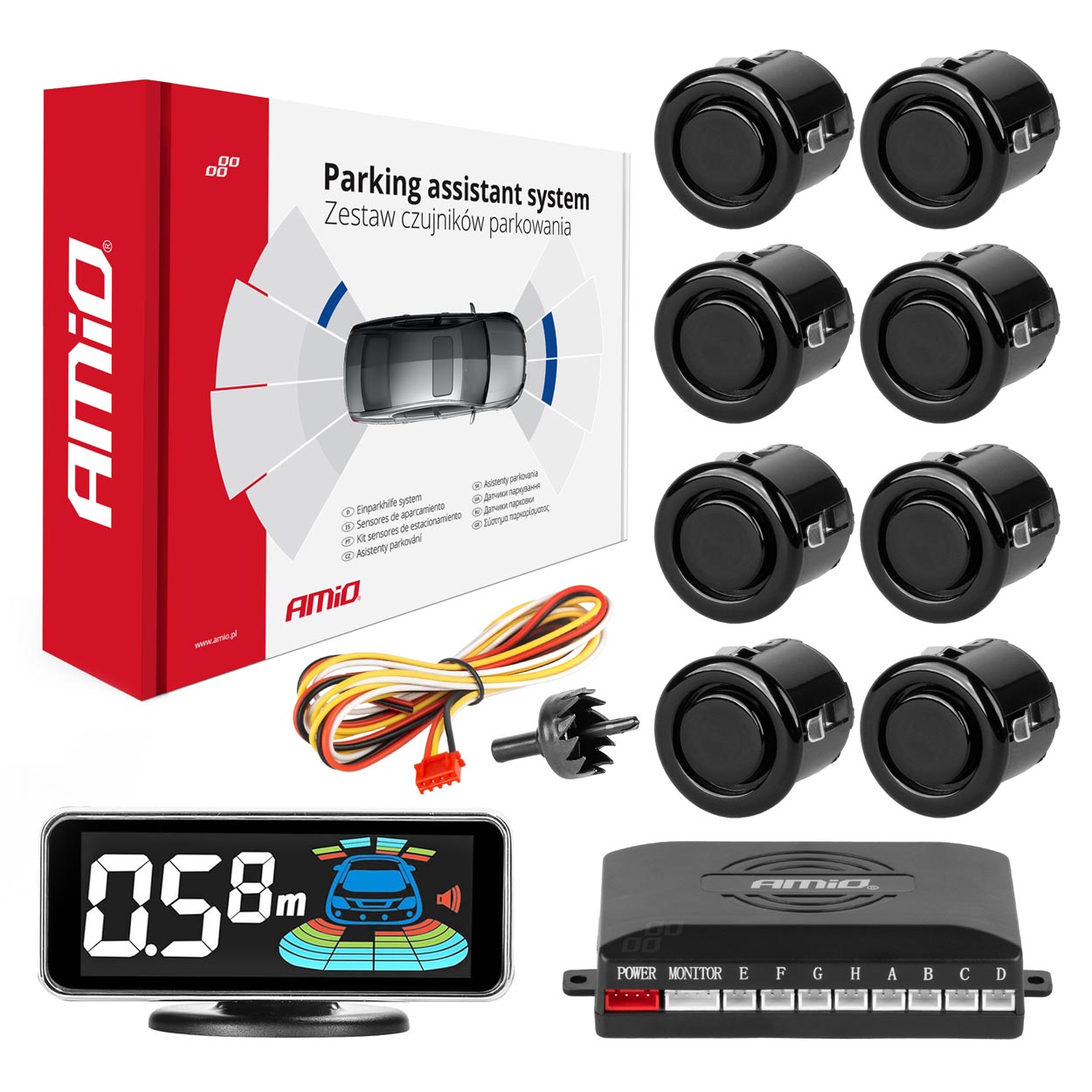 Parkeringsassistentsystem med 8 sorte 18 mm sensorer og LED-display