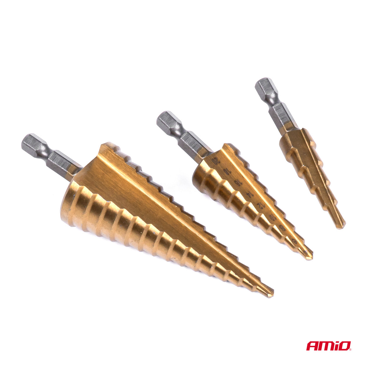 Trois forets étagés coniques avec tige cylindrique de 6 mm