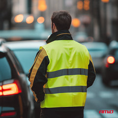 Detalje af gul refleksvest med reflekterende bånd