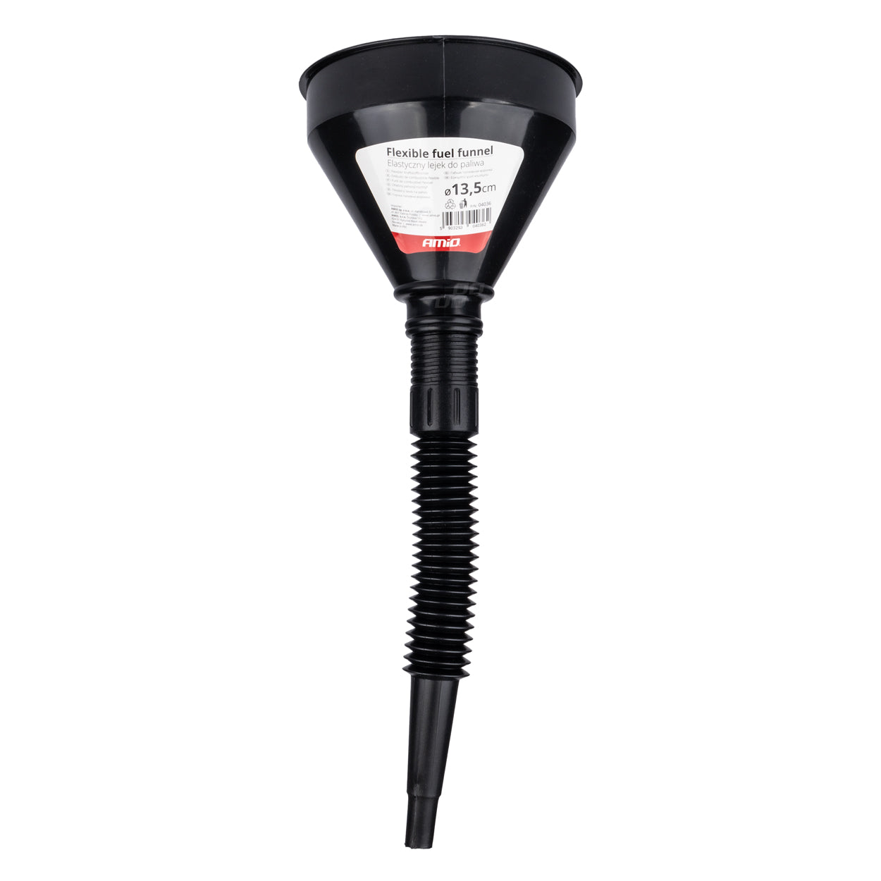 Sort fleksibel brændstoftragt med si og diameter på 13,5 cm
