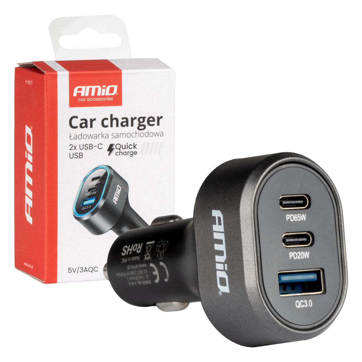 USB-billader til bil med USB-C- og USB-A-porte