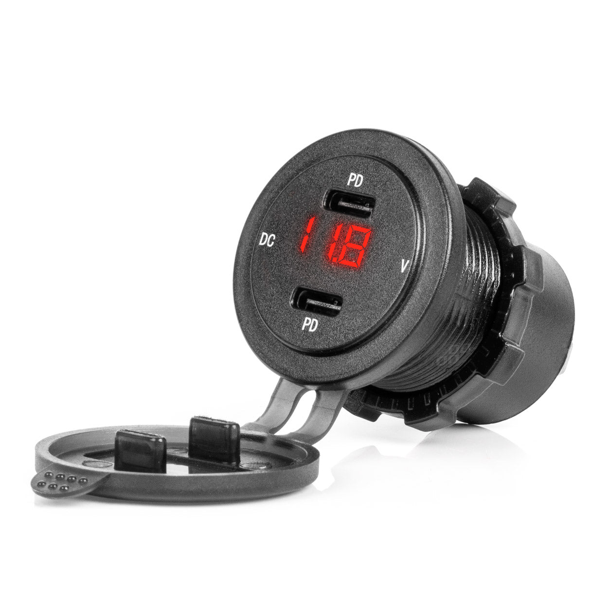 Vandtæt billader med to USB-C-udtag og digitalt voltmeter
