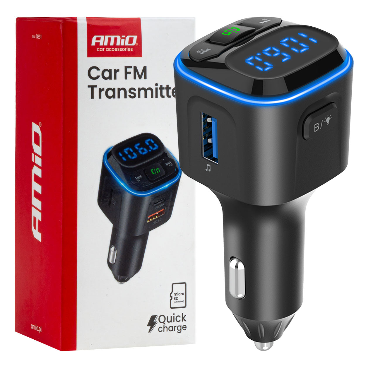 FM-transmitter med Bluetooth, USB-A og USB-C-porte