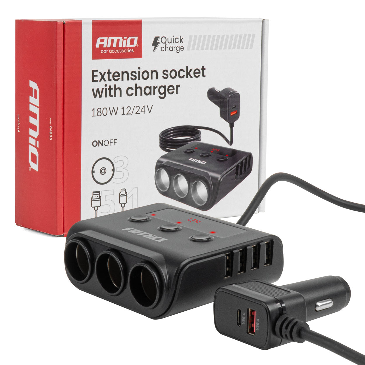 Cigarettænder-fordeler med 4 USB-A-porte og LED-display