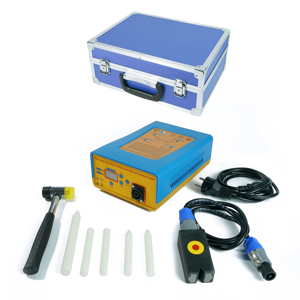Machine de débosselage PDR 1000W – réparation sans peinture par induction, kit complet avec outils et mallette de transport.