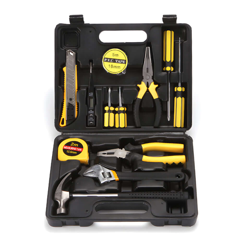 Kit d’outils 13 pièces dans une boîte compacte, idéal pour la voiture, la maison et les projets de bricolage.