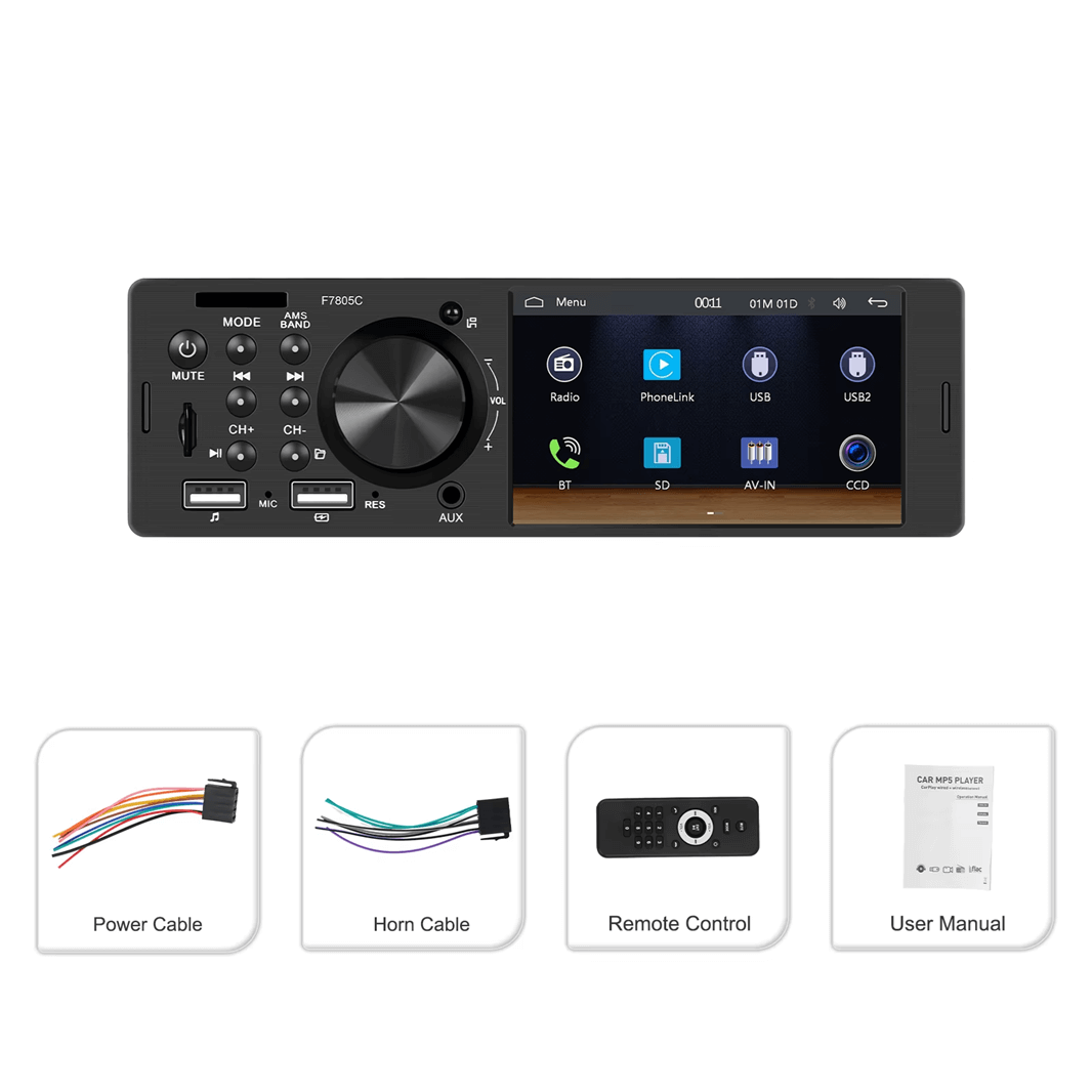 Universel - autoradio 1-DIN 4" avec Apple CarPlay et Android Auto (filaire), écran 4" et accessoires.