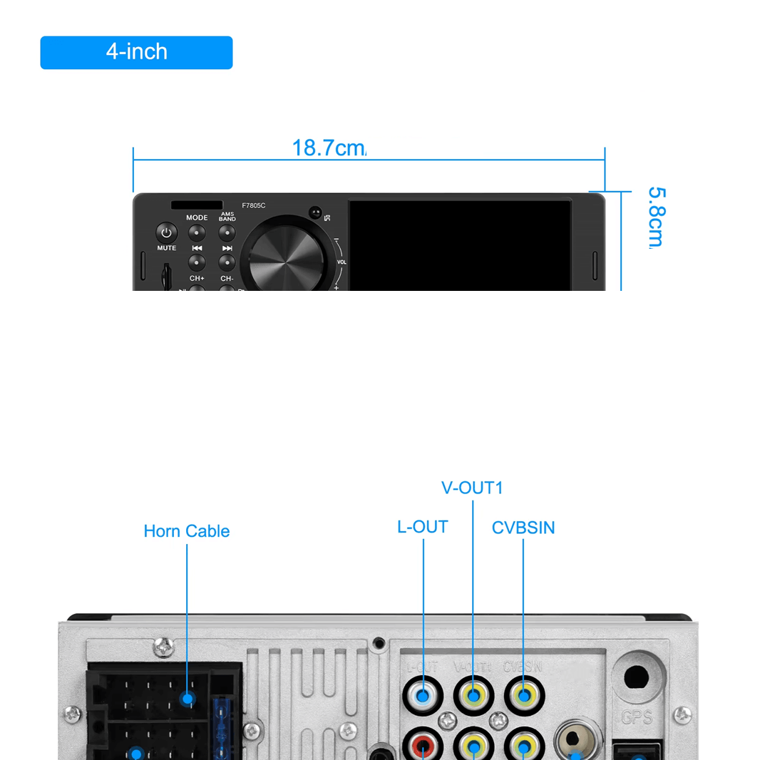 Universel - autoradio 1-DIN 4" avec Apple CarPlay et Android Auto (filaire), avec dimensions et options de connexion.