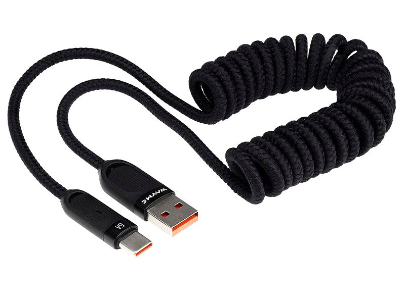 Câble de charge USB-C WAYME noir au design spiralé, 50 à 180 cm
