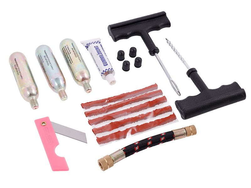 Kit de réparation de pneus tubeless avec CO2 et 17 pièces
