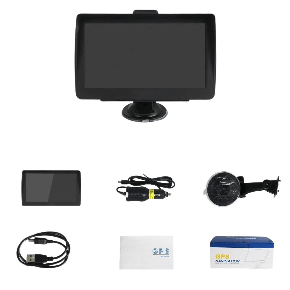 7" GPS-scherm – EU-navigatie, FM-radio en media-afspelen met accessoires, waaronder kabel en houder.