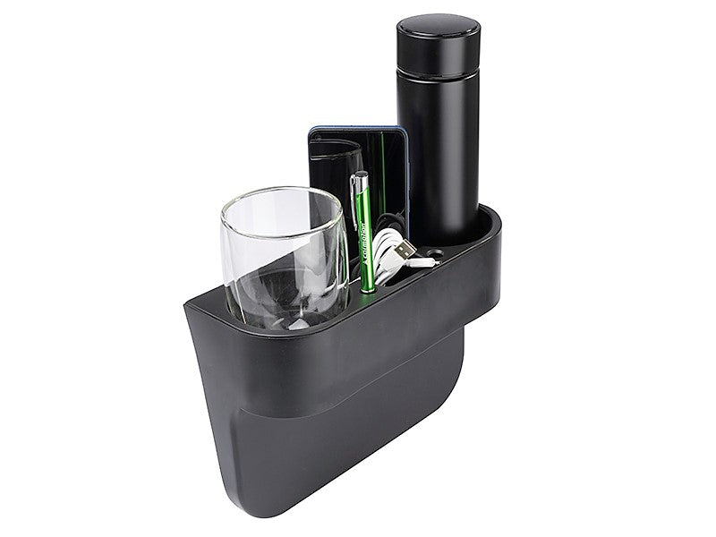Organisateur de voiture noir avec porte-gobelet et compartiments pour petits objets