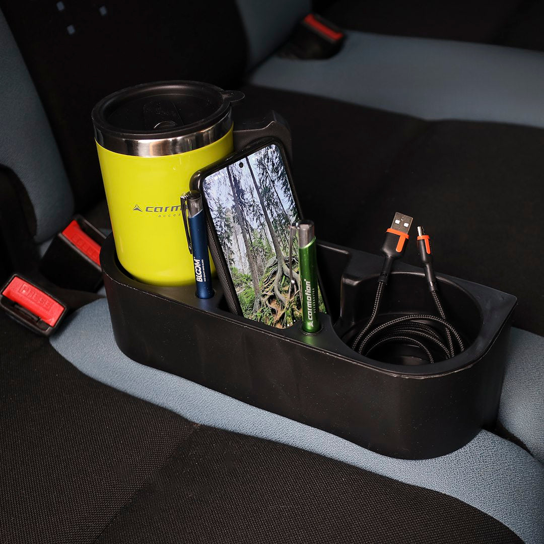 Porte-gobelet et organisateur de voiture noir avec espace pour tasses et bouteilles