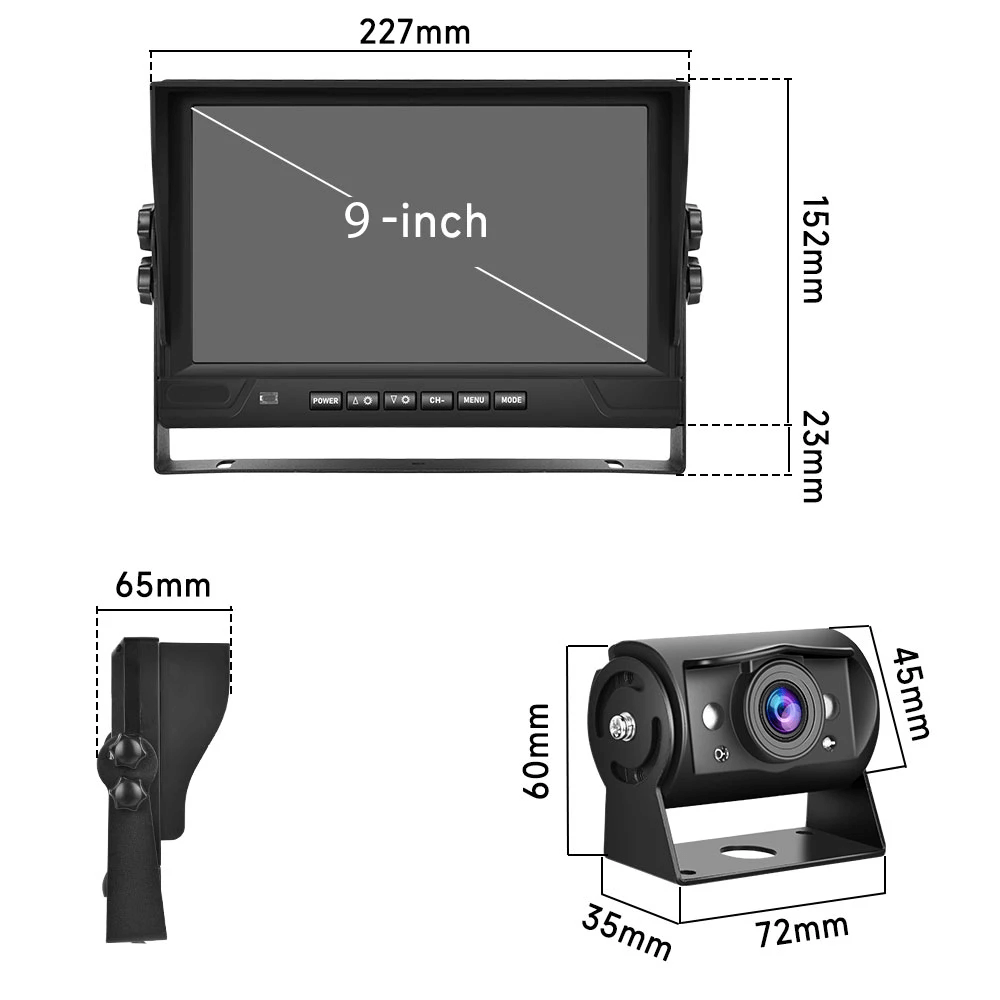Système de caméra de recul avec écran 9" et 4 caméras, incluant un écran IPS 9" et les dimensions des caméras