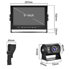 Système de caméra de recul avec écran 9" et 4 caméras, incluant un écran IPS 9" et les dimensions des caméras
