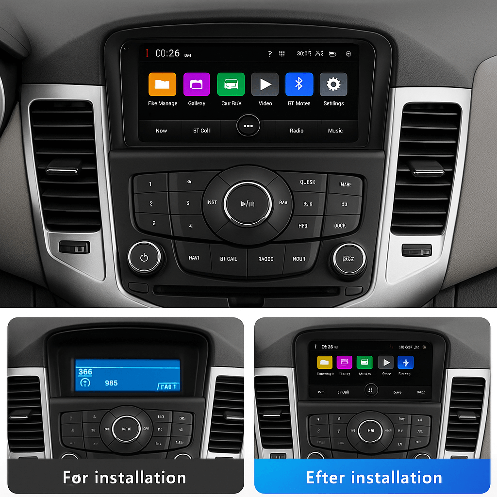 Chevrolet Cruze 09-14 - autoradio 7" avec Apple CarPlay et Android Auto, comparaison de l’installation avant/après