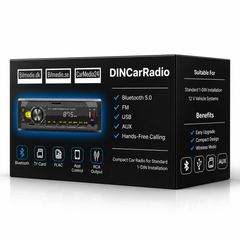 Connect 1-DIN Bilradio med Bluetooth 5.0, FM, USB, AUX & Håndfri på emballage med specifikationer.