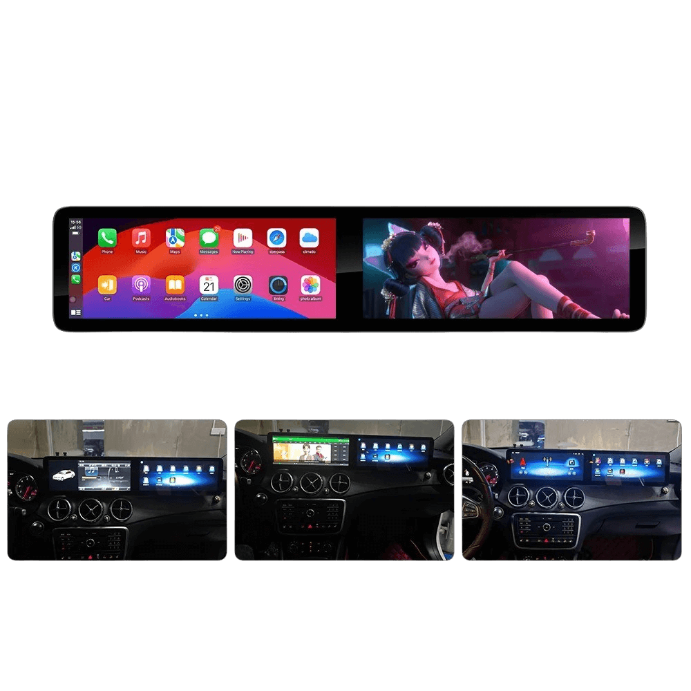 Mercedes A/CLA/GLA - double écran 12.3" avec Apple CarPlay et Android Auto, avec double affichage pour l’intérieur du véhicule.