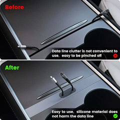 Hub USB pour Tesla Model 3/Y (2021–2023), avant et après installation, pour une gestion plus propre et pratique des câbles de données.