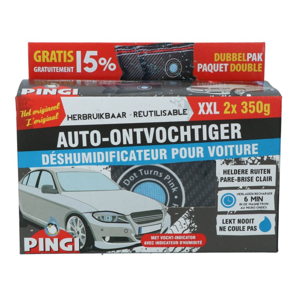 Pingi Bilaffugter Dobbeltpakke 2x350g, effektiv bilfugtighedsabsorber til klart udsyn og sikkert bilkørsel.