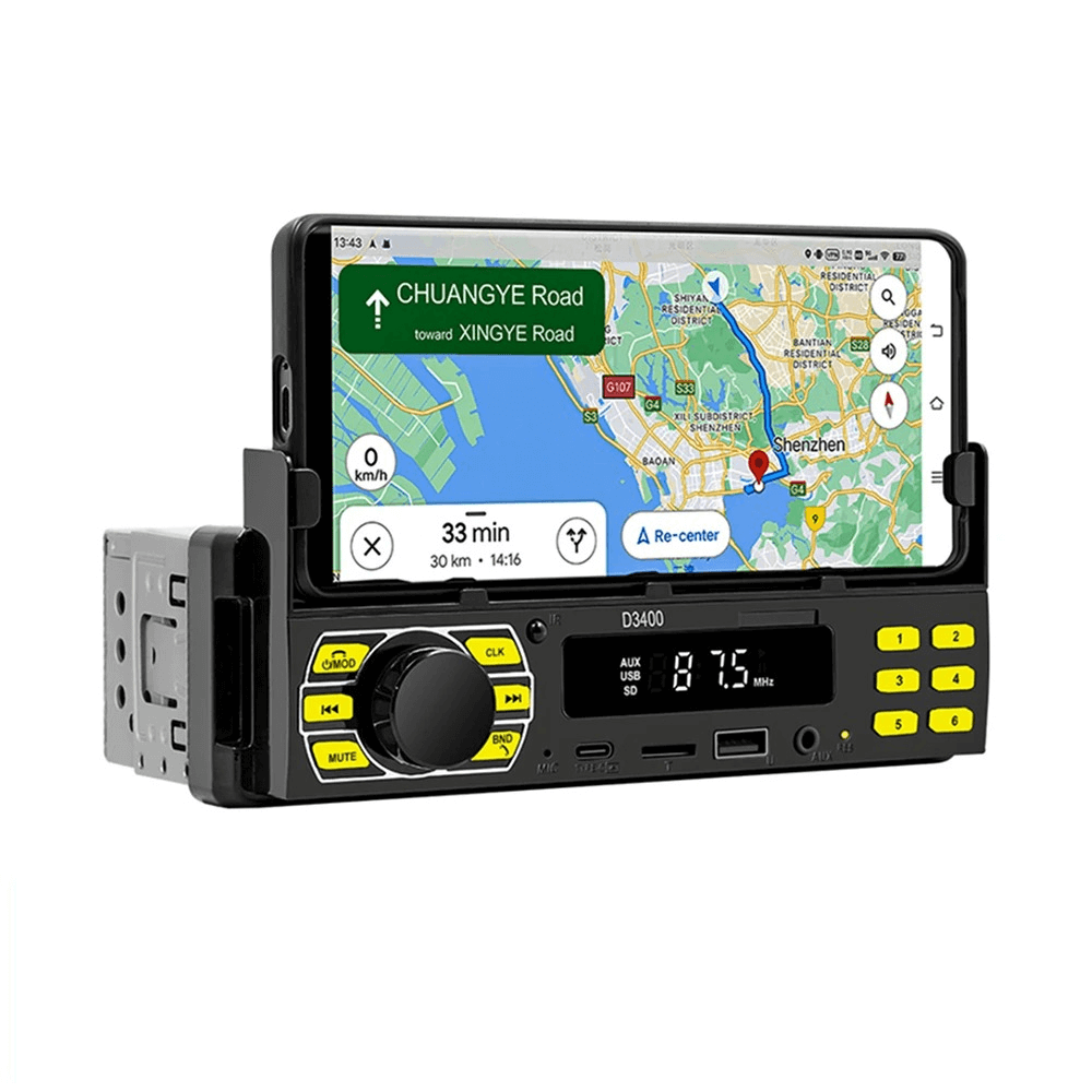 Universele 1-DIN radio met telefoonhouder, USB-C en Bluetooth 5.1 met GPS-navigatie op de telefoon.