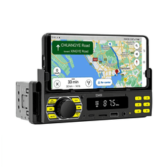 Universele 1-DIN radio met telefoonhouder, USB-C en Bluetooth 5.1 met GPS-navigatie op de telefoon.