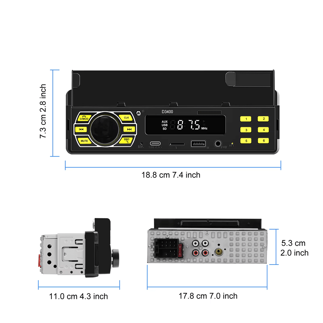 Universele 1-DIN radio met telefoonhouder, USB-C en Bluetooth 5.1 met digitaal display en aansluitingen.