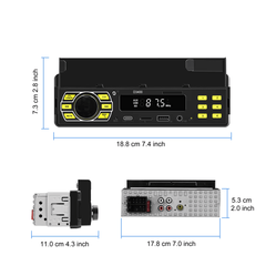 Universele 1-DIN radio met telefoonhouder, USB-C en Bluetooth 5.1 met digitaal display en aansluitingen.