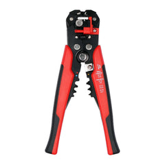 Automatische 3-in-1 draadstrip-, knip- en krimptang met rode en zwarte handgreep, perfect voor professioneel gebruik.