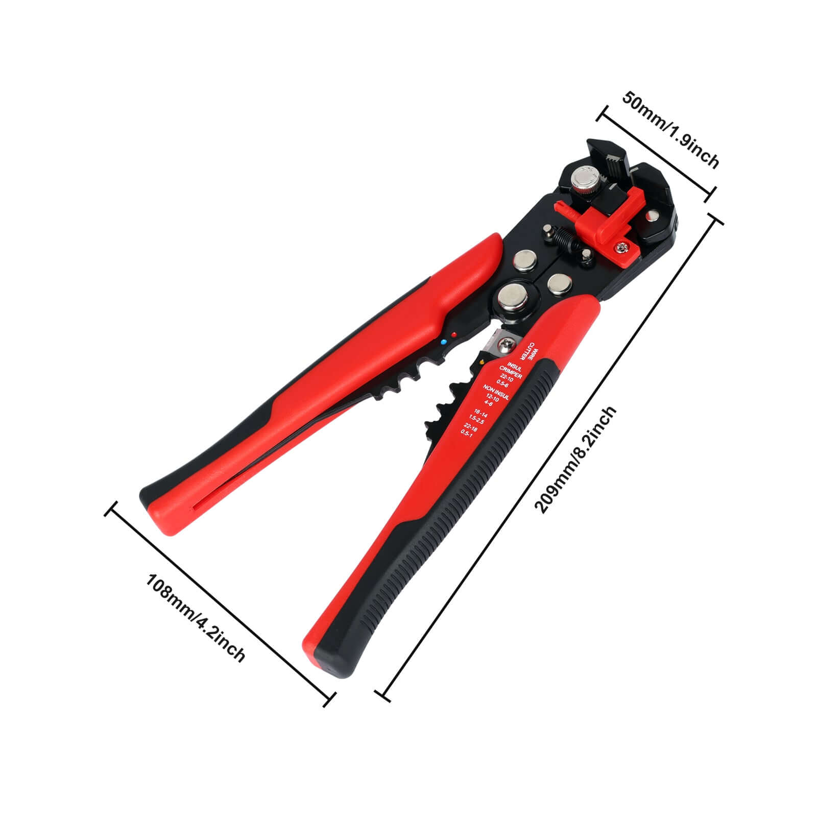 Gedetailleerde afbeelding van de automatische draadstrip- en krimptang met afmetingen 50 mm x 108 mm x 200 mm.