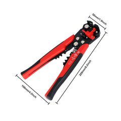 Gedetailleerde afbeelding van de automatische draadstrip- en krimptang met afmetingen 50 mm x 108 mm x 200 mm.