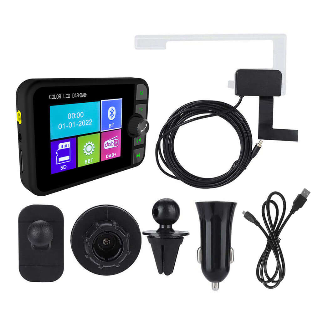 Adaptateur DAB+ avec écran LCD couleur 2,4" avec Bluetooth, transmetteur FM et AUX - radio numérique pour voiture avec accessoires.