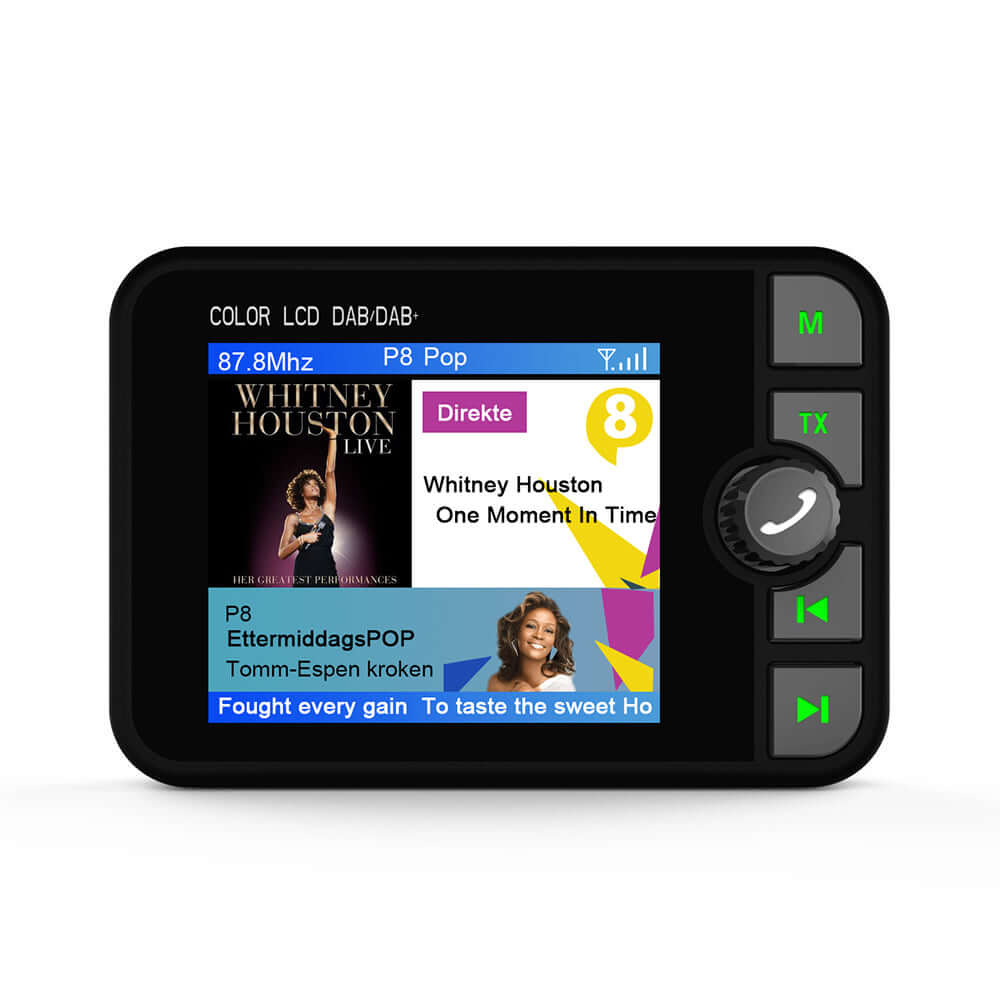 Adaptateur DAB+ avec écran LCD couleur 2,4" avec Bluetooth, transmetteur FM et AUX, affichage de la musique et des stations.