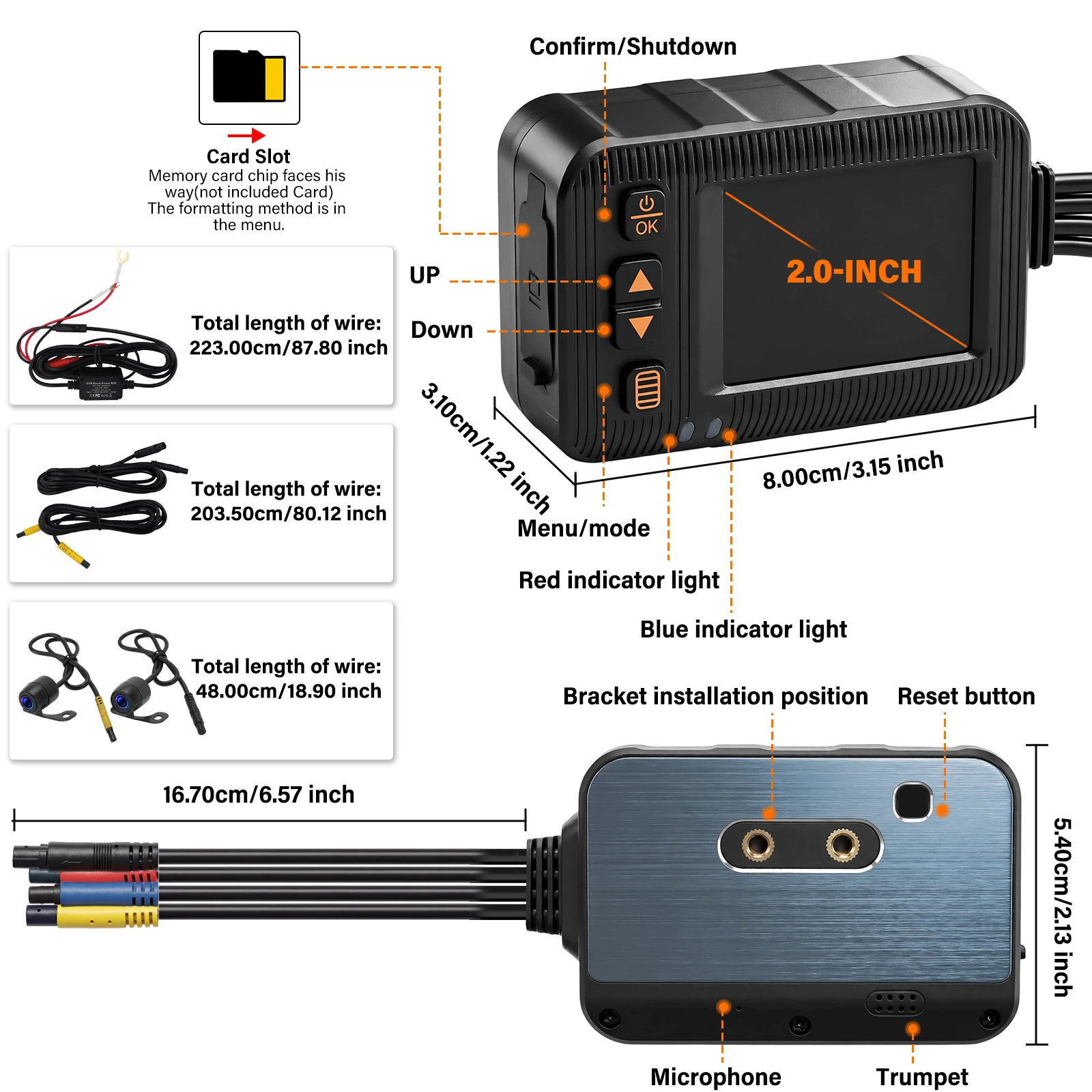 Dashcam moto 2” avec caméra avant et arrière 1080P - aperçu détaillé des fonctions du dashcam et des possibilités de connexion.