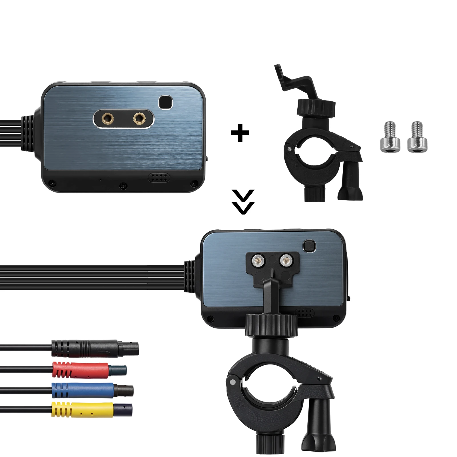 Dashcam moto 2” avec caméra avant et arrière 1080P, avec système de montage et câbles de raccordement inclus.