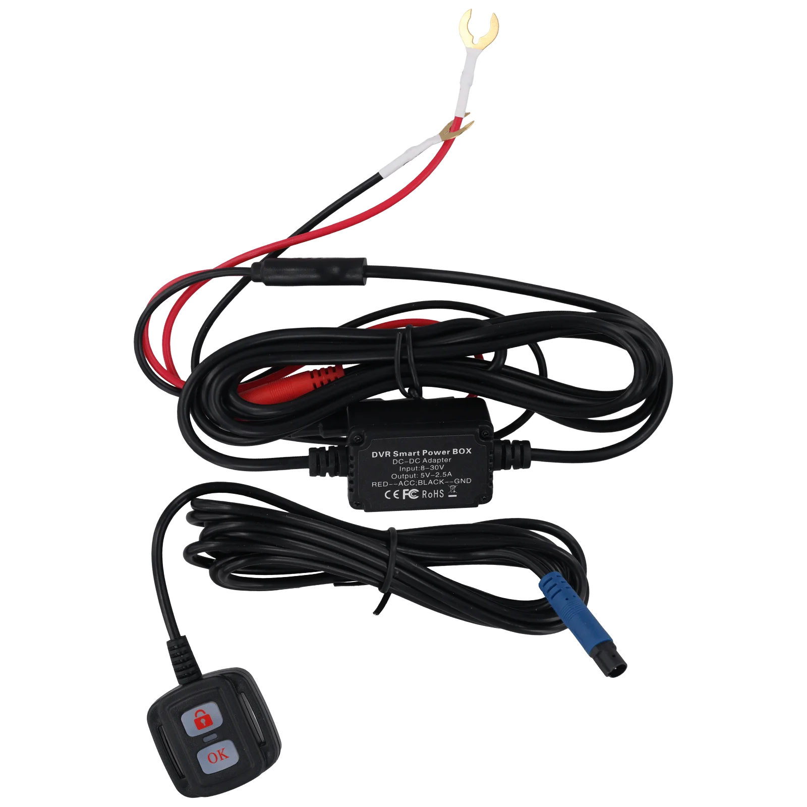 Dashcam moto 2” avec caméra avant et arrière 1080P, faisceau de câbles et boîtier de commande pour l’installation.