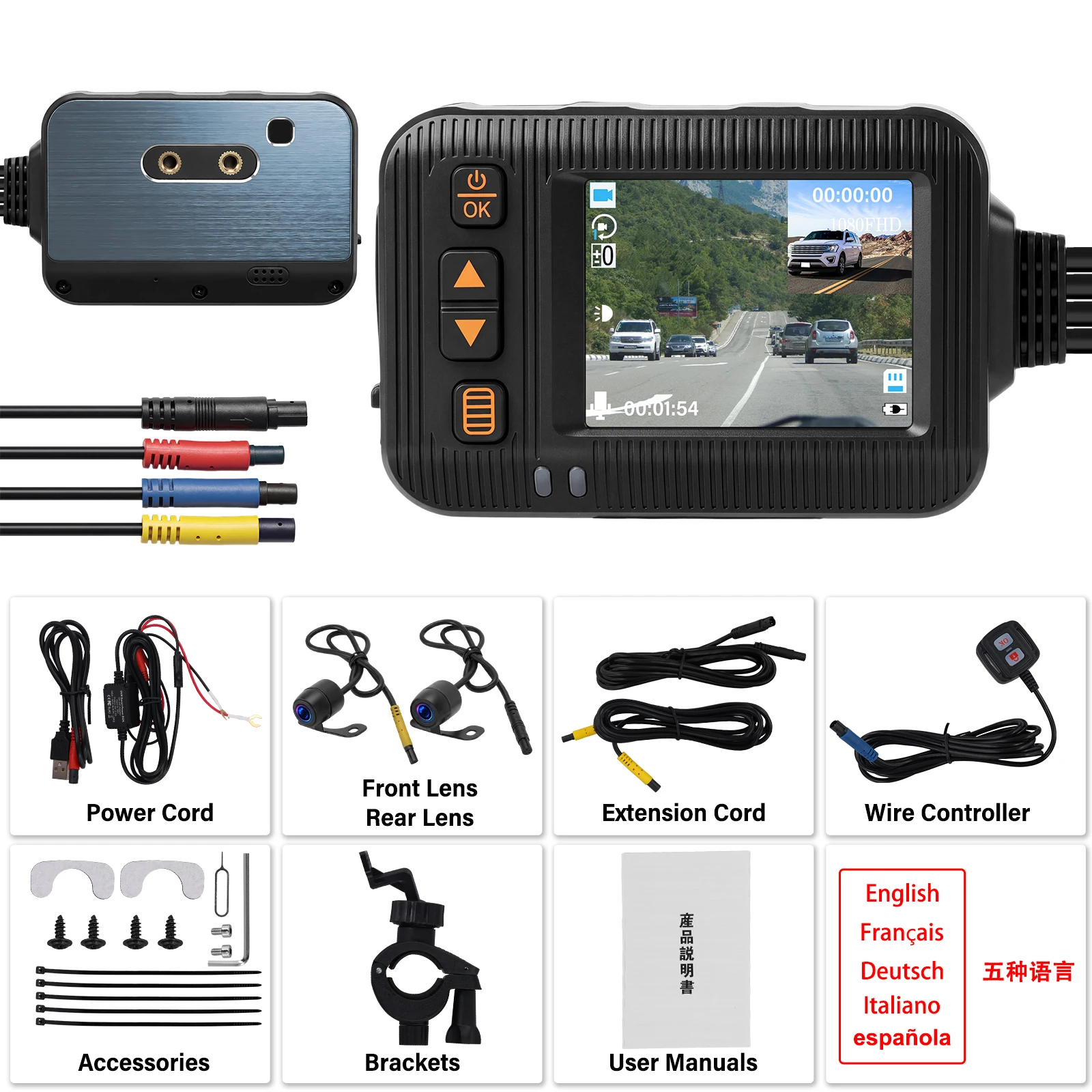 Dashcam moto 2” avec caméra avant et arrière 1080P - caméra avant et arrière avec accessoires et unité de commande.
