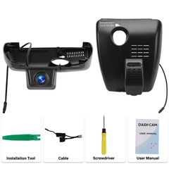 Kit d’installation pour dashcam 4K Mazda CX-5 & CX-9 style OEM, avec caméra, outils et manuel d’utilisation.