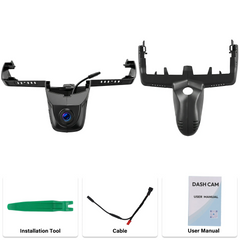 Dashcam BMW X3 2018-2024 4K style OEM avec outil d’installation, maquette de caméra, câble et manuel d’utilisation.