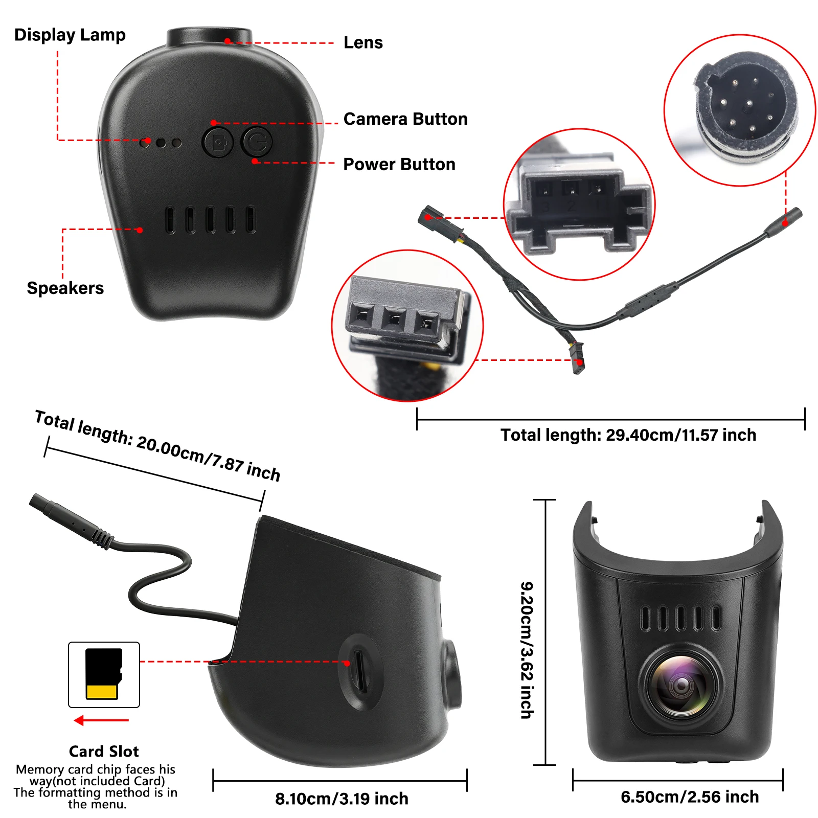 Vue détaillée de l’Audi dashcam 4K OEM-look, mettant en avant des éléments comme l’objectif, les boutons et le logement pour carte.